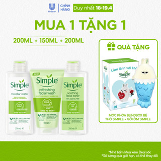 COMBO 3 BƯỚC DƯỠNG SIMPLE NƯỚC TẨY TRANG 200ML + SỮA RỬA MẶT 150ML + NƯỚC HOA HỒNG 200ML