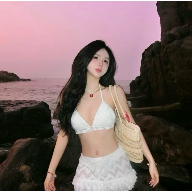 HƯƠNG BIKINI-Bikini, đồ đi biển 3món phối ren hoạ tiết REN DÍCH DẮC