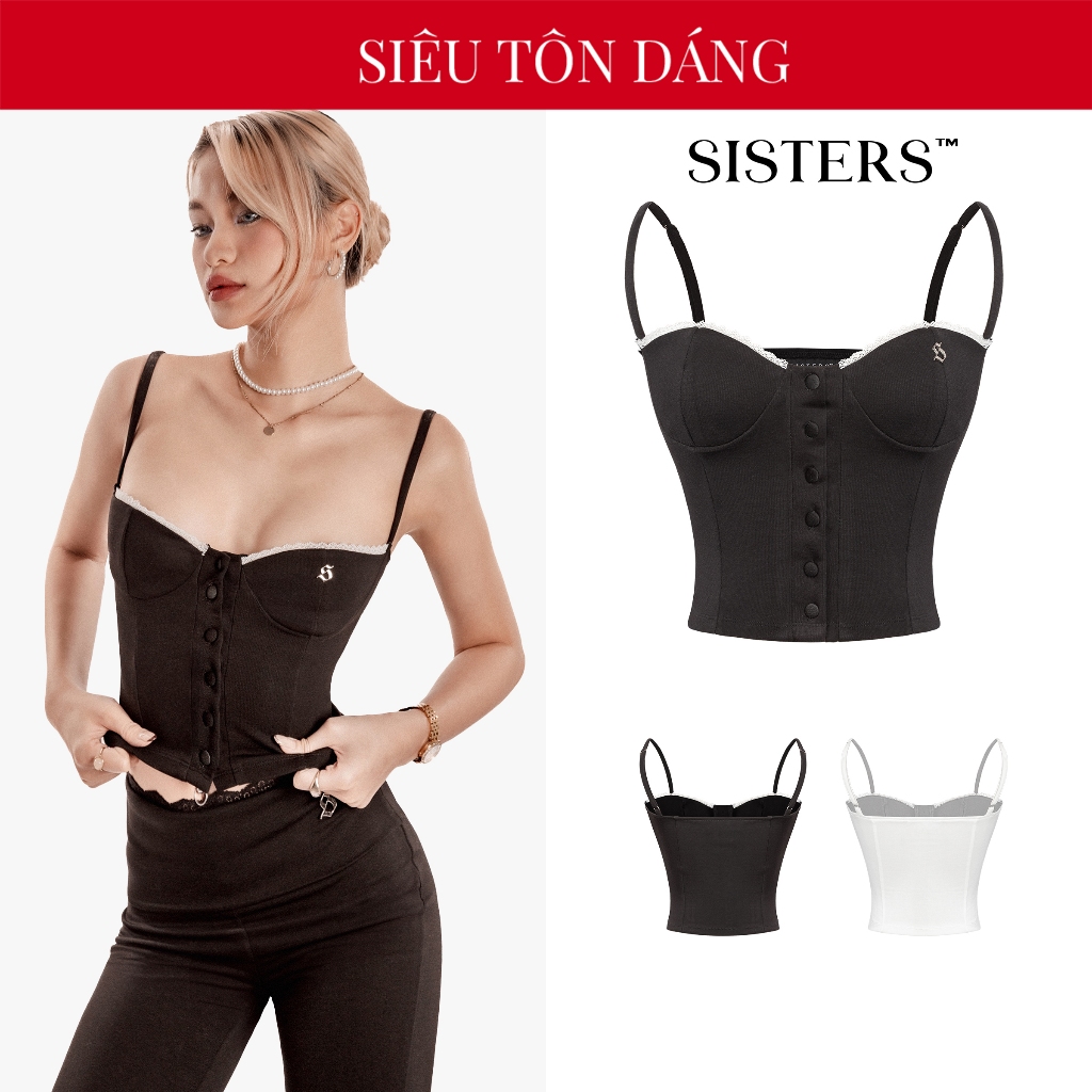  Áo 2 dây kiểu Corset phối ren SISTERS dáng croptop thiết kế nút cài màu đen trắng ôm sát cơ thể Béatrice | SS-T53 