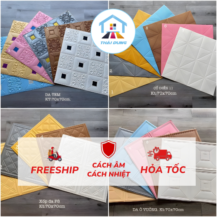 ( BỘ 10 TẤM) XỐP DÁN TƯỜNG GIẢ DA 3D 70 x70 CÁCH NHIỆT CÁCH ÂM, CÓ KEO SẴN, CHỐNG THẤM NƯỚC
