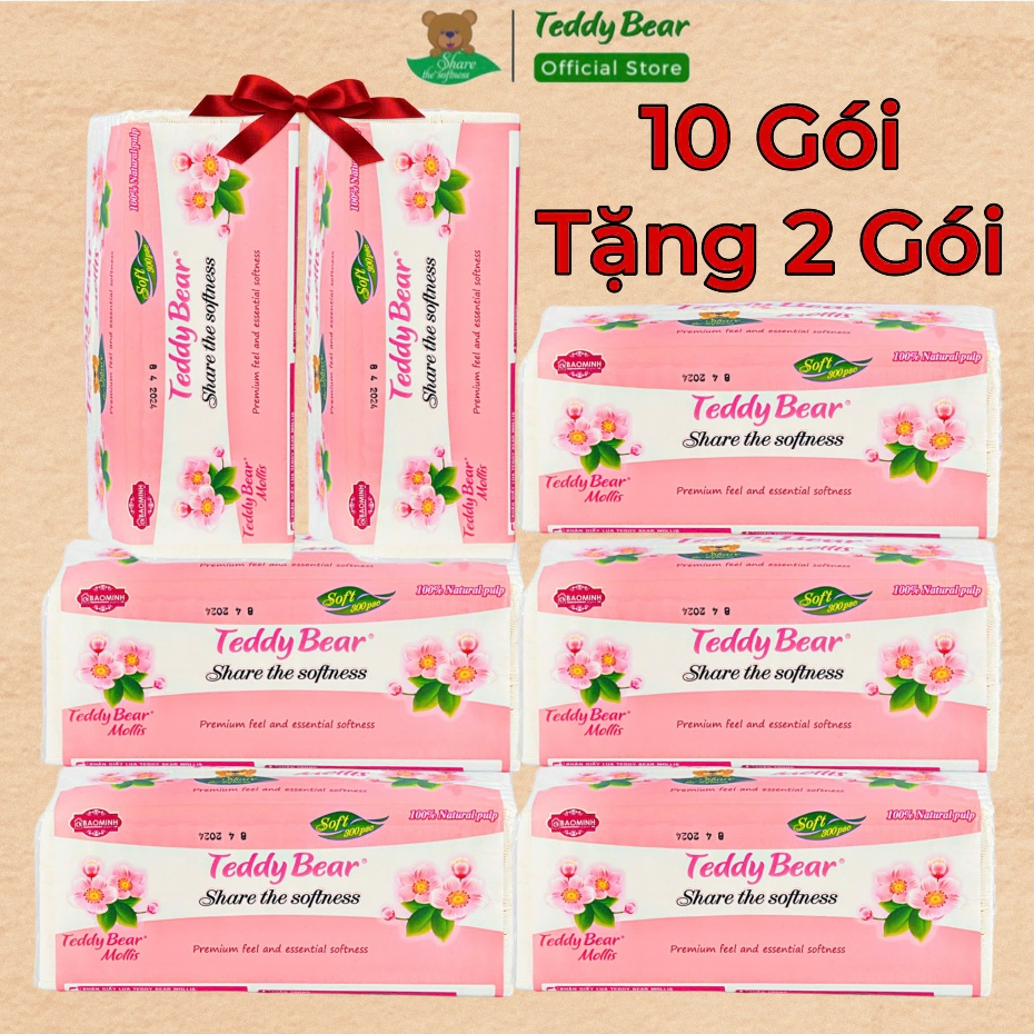 Giấy ăn rút 10 GÓI TẶNG 2 GÓI TO TEDDY BEAR MOLLIS 3 LỚP Lụa Trắng Mềm Dai Mịn Kháng Nước Cao