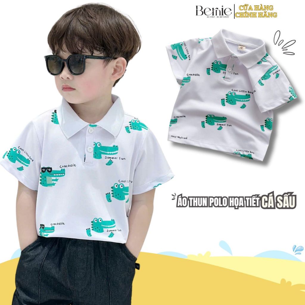 Áo thun polo cho bé trai màu trắng trơn nâu be xẻ tà cotton mềm mại BERNIE AT1124B79
