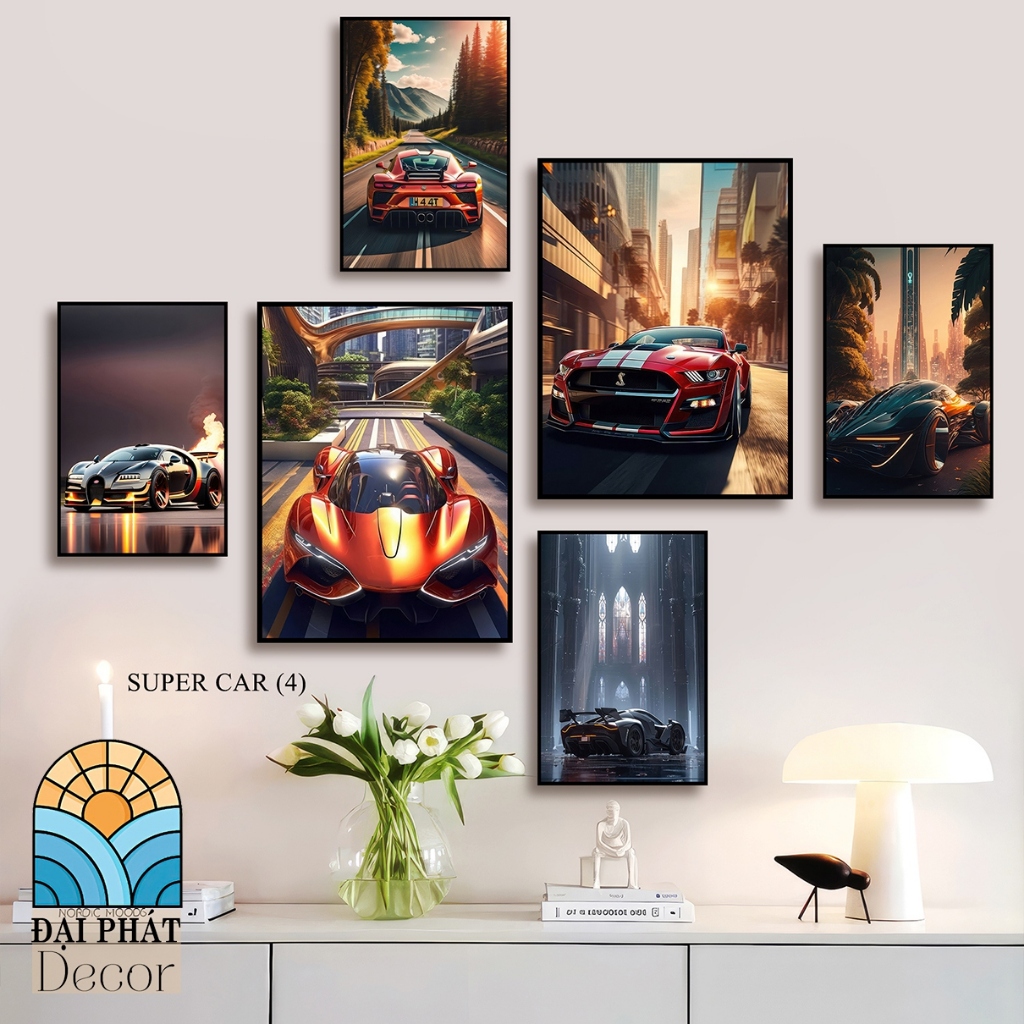 set 6 tranh dán Siêu xe decor shop phụ kiện TRANH DÁN TƯỜNG MICA SIÊU XE PORSCHE- DECOR GARA-XƯỞNG
