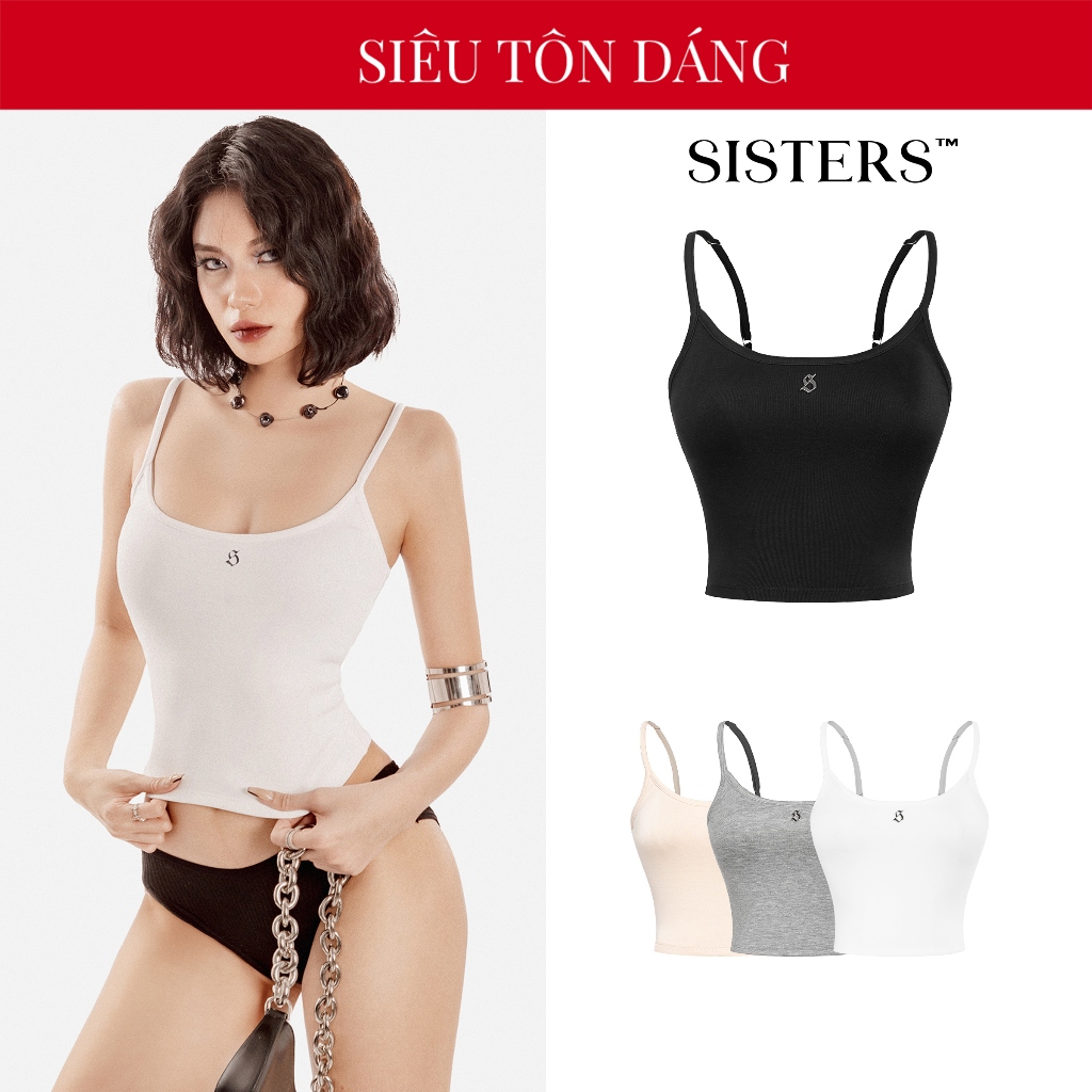 Áo hai dây nữ thun 2 da croptop SISTERS màu đen, trắng, xám, be có quai điều chỉnh ôm sát cơ thể gợi cảm Base | SS24-T5