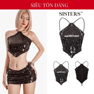 Áo yếm nữ hở lưng cột dây SISTERS thun kim sa hạt to lấp lánh logo inox màu đen quyến rũ Sibel | SS-S51-A