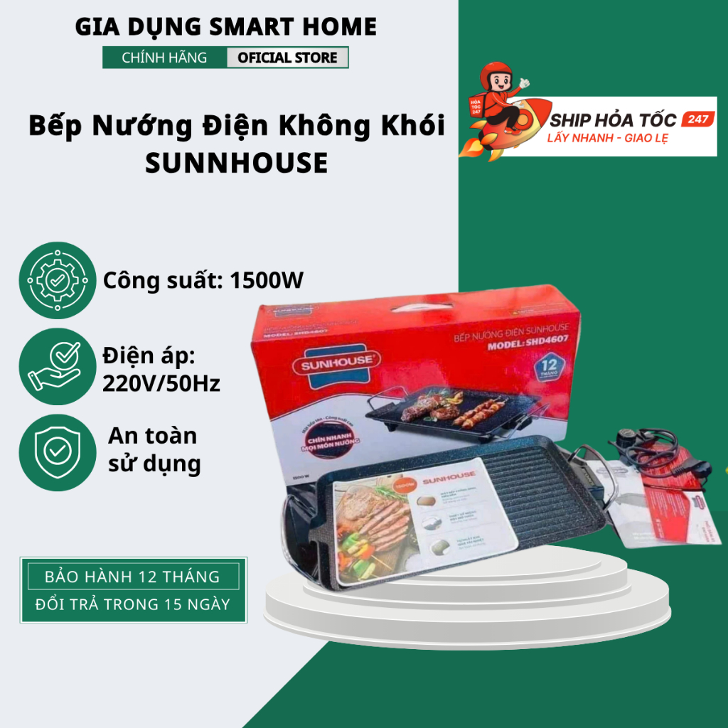 Bếp nướng điện không khói SUNNHOUSE SHD4607 BẢO HÀNH 12 THÁNG, Bếp nướng điện 1500w Hàng Chính Hãng