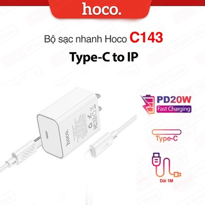 Bộ sạc nhanh PD20W Type-C to IP Hoco C143 dùng cho ip6/7/8/10/11/12/13/14 dây dẻo dài 1m , chân dẹt