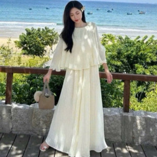 Set Áo Voan Tiểu Thư Dập Ly Phối Bèo Mix Quần Suông Dáng Dài Thanh Lịch - LIING