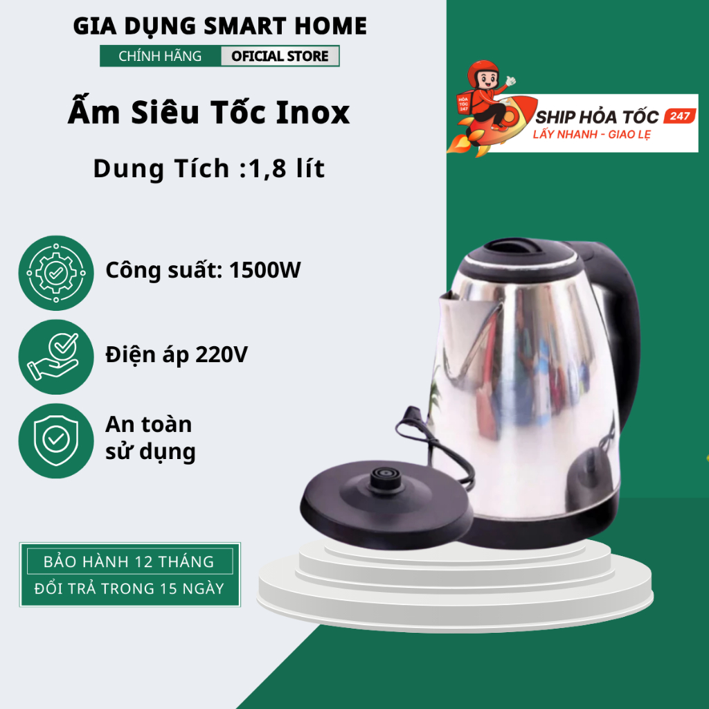 Ấm Siêu Tốc Inox 1,8 Lít Đun Sôi Cực Nhanh - Bình siêu tốc inox tốt cho sức khỏe người sử dụng