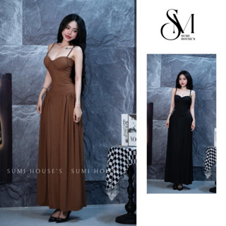 Đầm hai dây dáng xòe dài có mút ngực chất thun gân lạnh siêu xinh - L7011