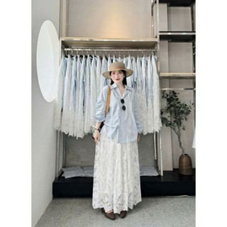 [HÀNG SẴN] Set Đồ Nữ Cá Tính Áo Sơ Mi Dài Tay Cổ Viền Ren Mix Chân Váy Ren Dáng Dài Siêu Phong Cách - LIING