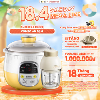 Combo Nồi Nấu Chậm 0,8L Bear SUBE001 và Máy Xay Ăn Dặm Cho Bé Mini Cầm Tay D02Q1 Tiện Lợi 6 Lưỡi Dao Sắc Bén