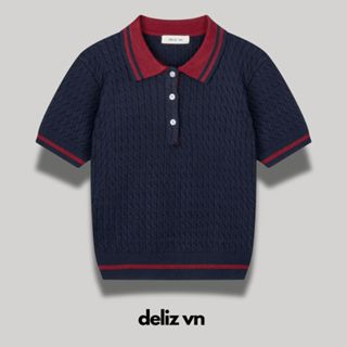 (BST MỚI) Áo len mùa hè ngắn tay vặn thừng phối cổ polo cho nữ màu xanh than phối đỏ len lông thỏ cao cấp PL19 DELIZ