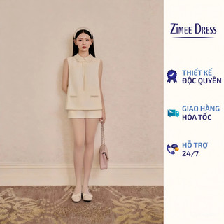  Set Áo Gile Sát Nách Cổ Sen Đính Cườm Gắn Nơ Và Quần Short Cạp Cao Kate Set 