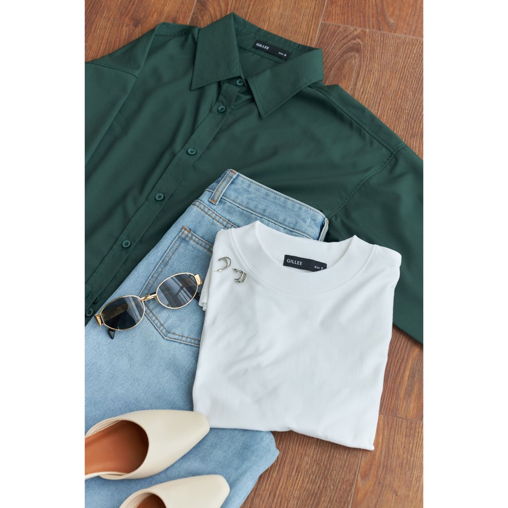 Áo sơ mi nữ GILLEE dáng oversized, sơ mi form rộng vải kate lụa xanh rêu FAS291 | BigBuy360 - bigbuy360.vn
