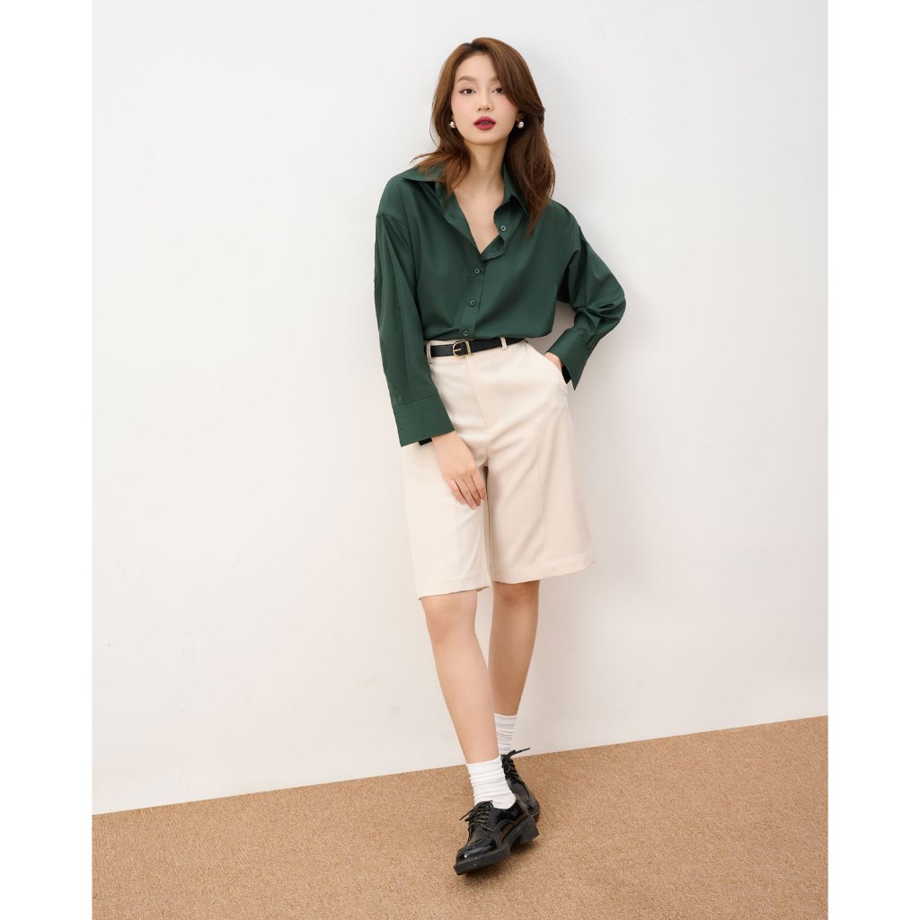 Áo sơ mi nữ GILLEE dáng oversized, sơ mi form rộng vải kate lụa xanh rêu FAS291 | BigBuy360 - bigbuy360.vn