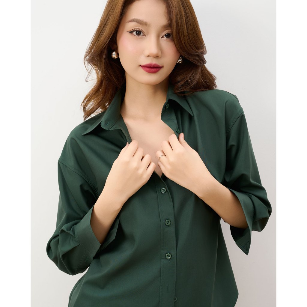 Áo sơ mi nữ GILLEE dáng oversized, sơ mi form rộng vải kate lụa xanh rêu FAS291 | BigBuy360 - bigbuy360.vn