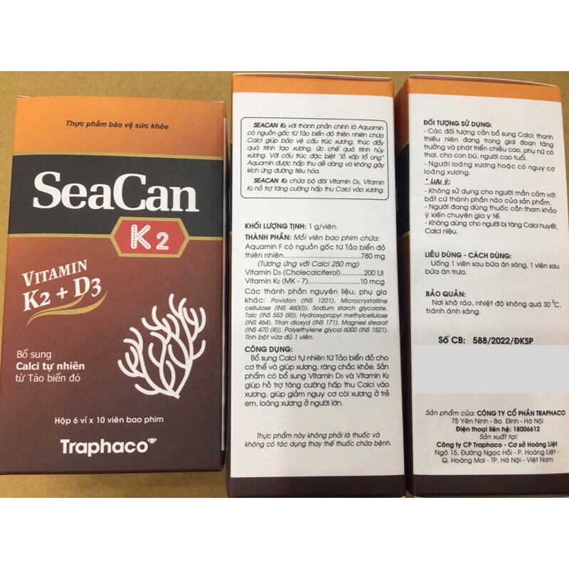 seacan vitamin k2 + d3 bổ sung calci tự nhiên từ tảo biển đỏ,thanh thiếu niên,phụ nữ có thai, cho co