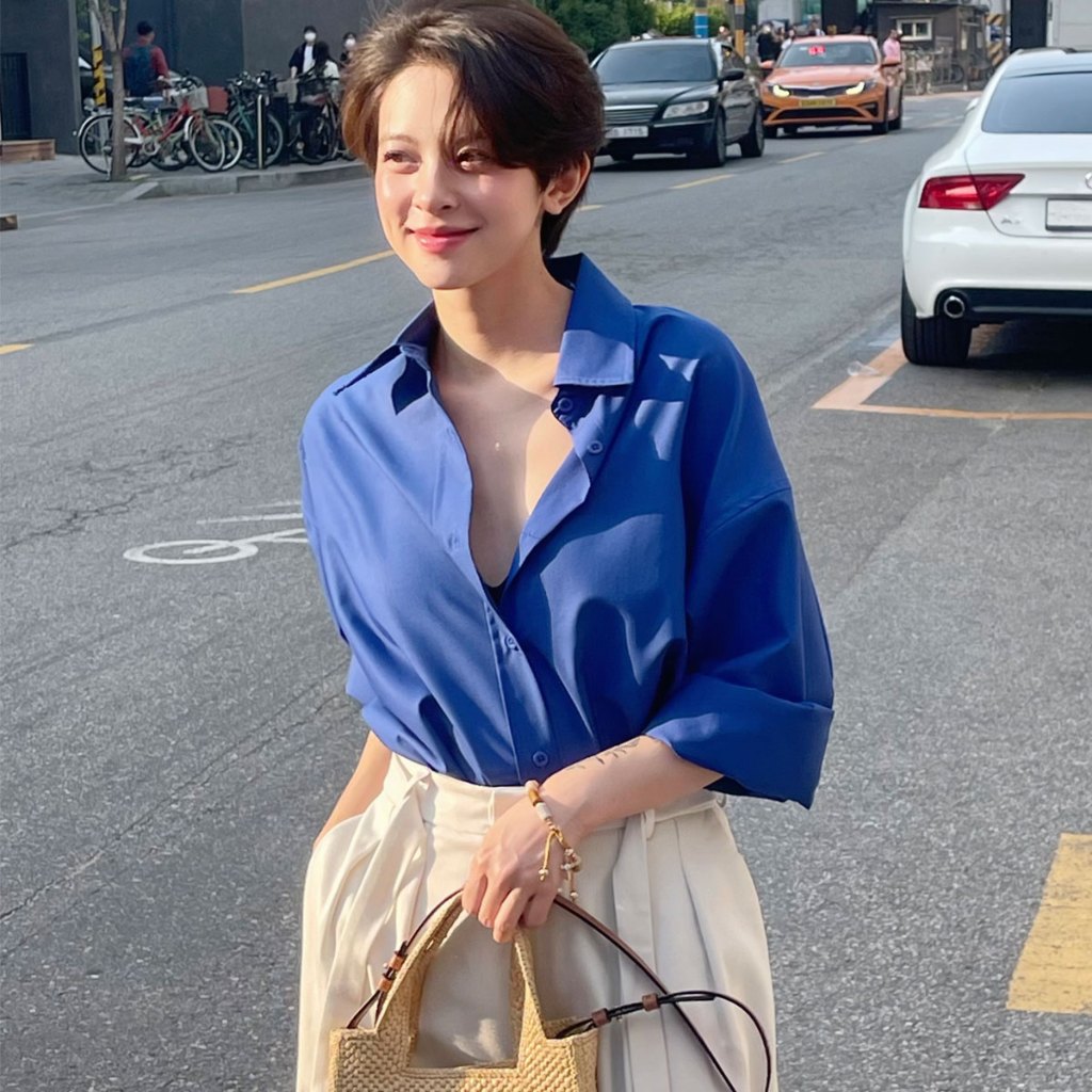 Áo sơ mi nữ GILLEE dáng oversized, sơ mi form rộng vải kate lụa xanh coban đậm FAS291