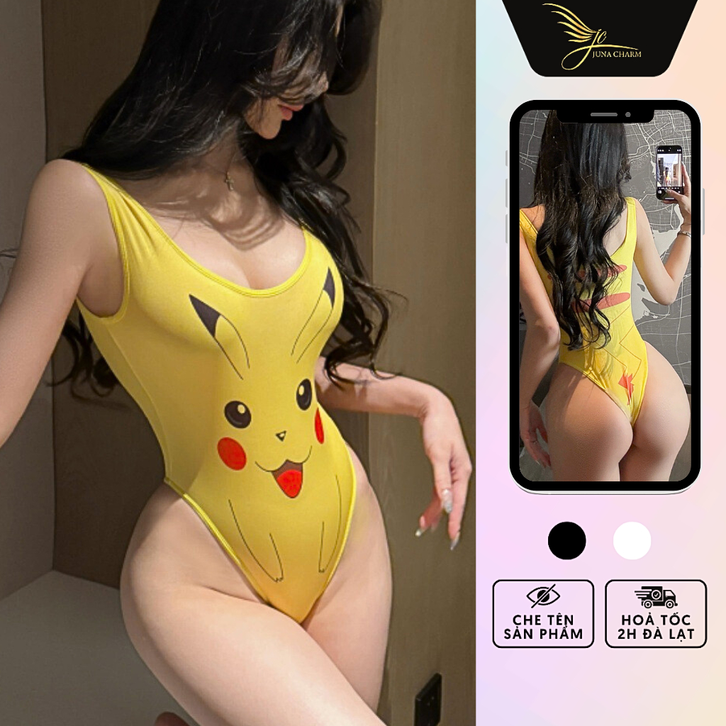 Áo Bodysuit 2 Dây, Áo Liền Thân Pikachu Sexy JUNA Freesize Thời Trang Đồ Ngủ Dành Cho Nữ Chất Thun L