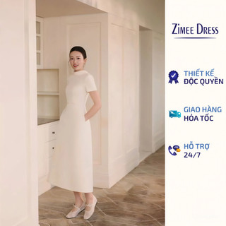  Váy Kem Dáng Dài Basic Cổ Vòm Tay Ngắn Phối Đai Nơ Lia Dress 
