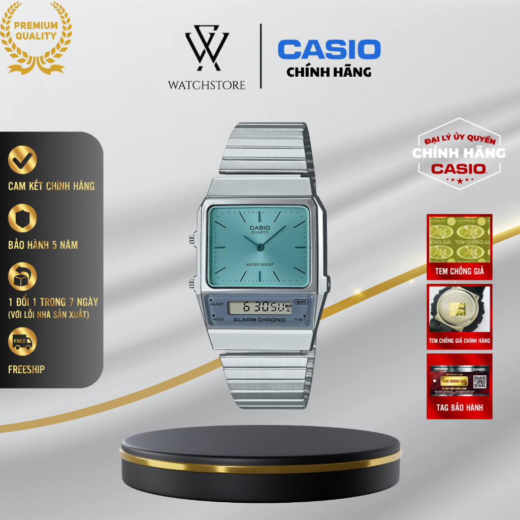 Đồng Hồ Casio Vintage Unisex AQ-800EC-2ADF Màu Trắng Mặt Kính Nhựa 32.1mm Chống Nước Dây Kim Loại Ch
