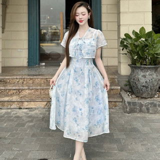 Set áo sơ mi + váy buộc nơ trắng