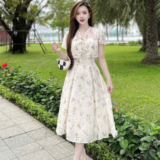 Set áo sơ mi + váy buộc nơ trắng