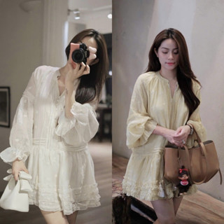 ( Chuẩn L1 ) Đầm Váy Babydoll Thêu Hoa Nhí Tay Loe Dài Chất Đũi Tơ Viền Bèo Dáng Xoè Cột Dây