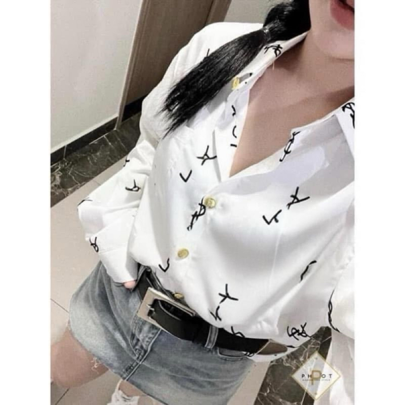 HV - Áo sơ mi lụa  chữ phun nhung  dáng dài 3 màu