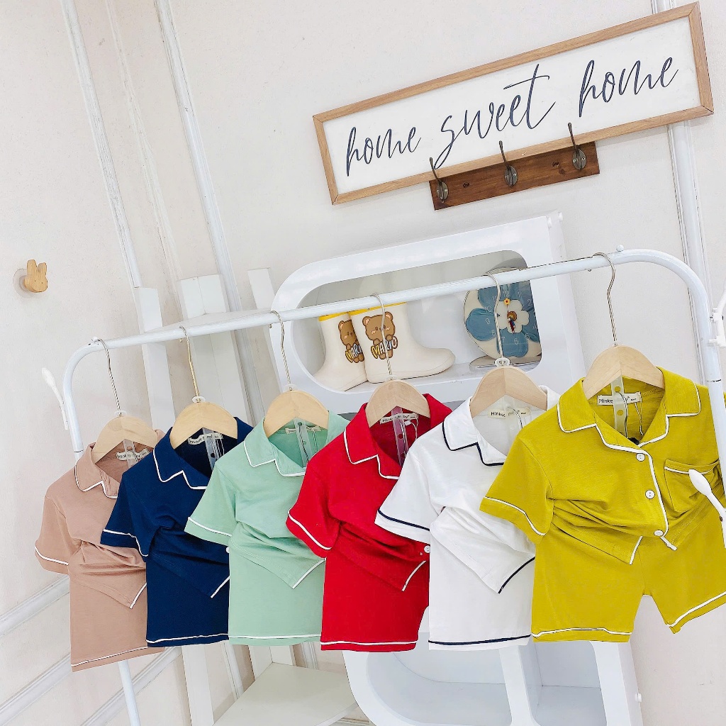 [Shin Kids] Dưới 1m15(8-24kg) Bộ Thun Lạnh Trơn - Basic Áo Ngắn Quần Ngắn Phối Túi Chạy Viền Pijama.