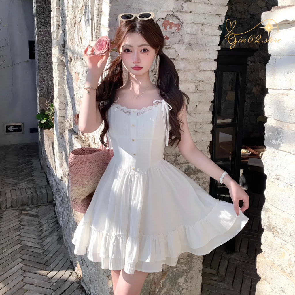 Váy Đi Biển - Đầm 2 Dây Cổ Ren Phối Tùng Xòe Xếp Tầng Tiểu Thư , Mặc Du Lịch , Đi Biển , Chụp Kỉ Yếu Siêu Xinh Gin62