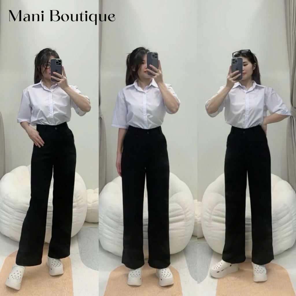Quần Ống Rộng Nữ Cạp Cao Đi Học Làm Chơi  Dáng Dài Quần Tây Nữ Lưng Cao 1 Khuy Vải Đen Dày Đáy Cao