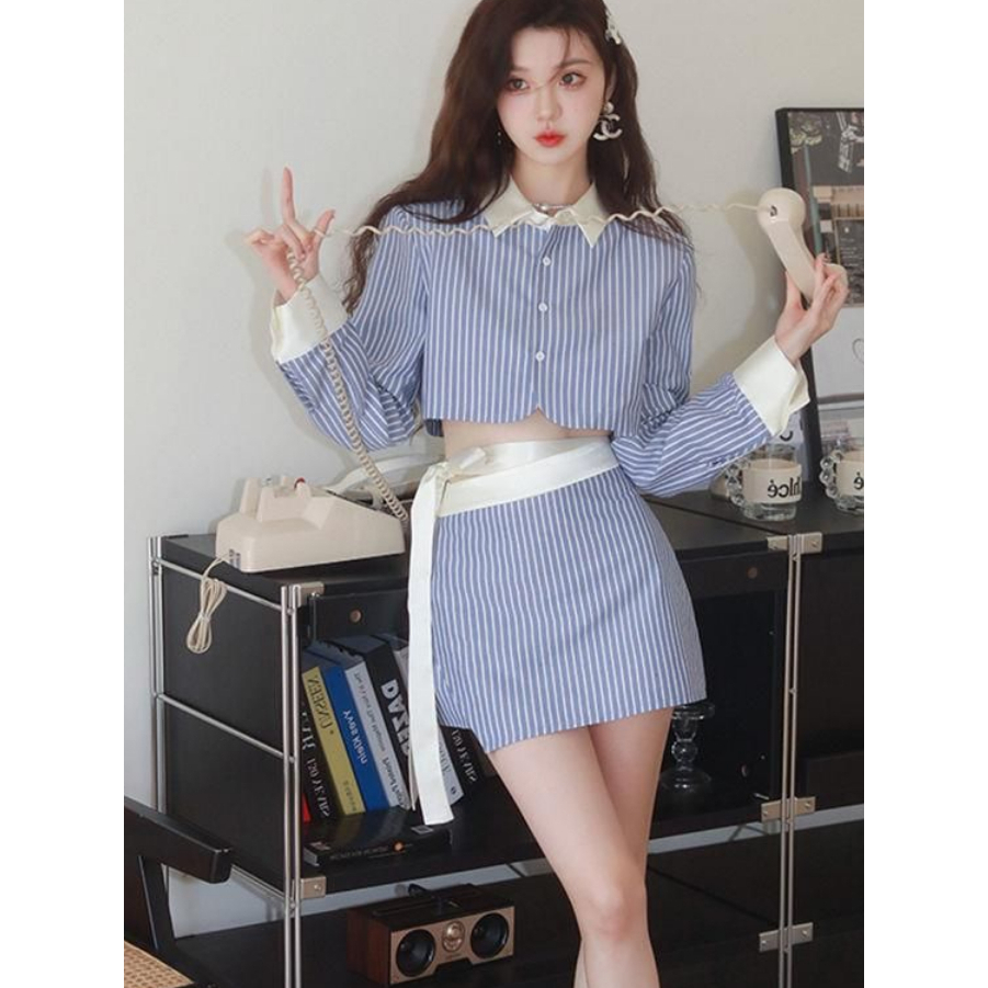 Set váy sơ mi croptop cho nữ. Váy sơ mi mùa hè mới, váy sơ mi Hàn Quốc tiểu thư