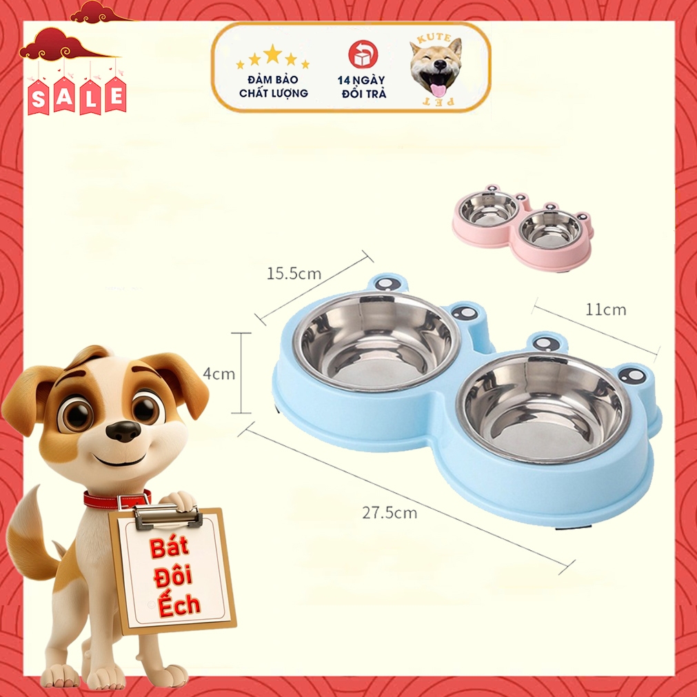 Bát đôi inox cho chó mèo hình ếch