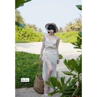 Váy maxi tơ 2 dây phối ren xẻ đùi đi biển đi chơi xinh lắm