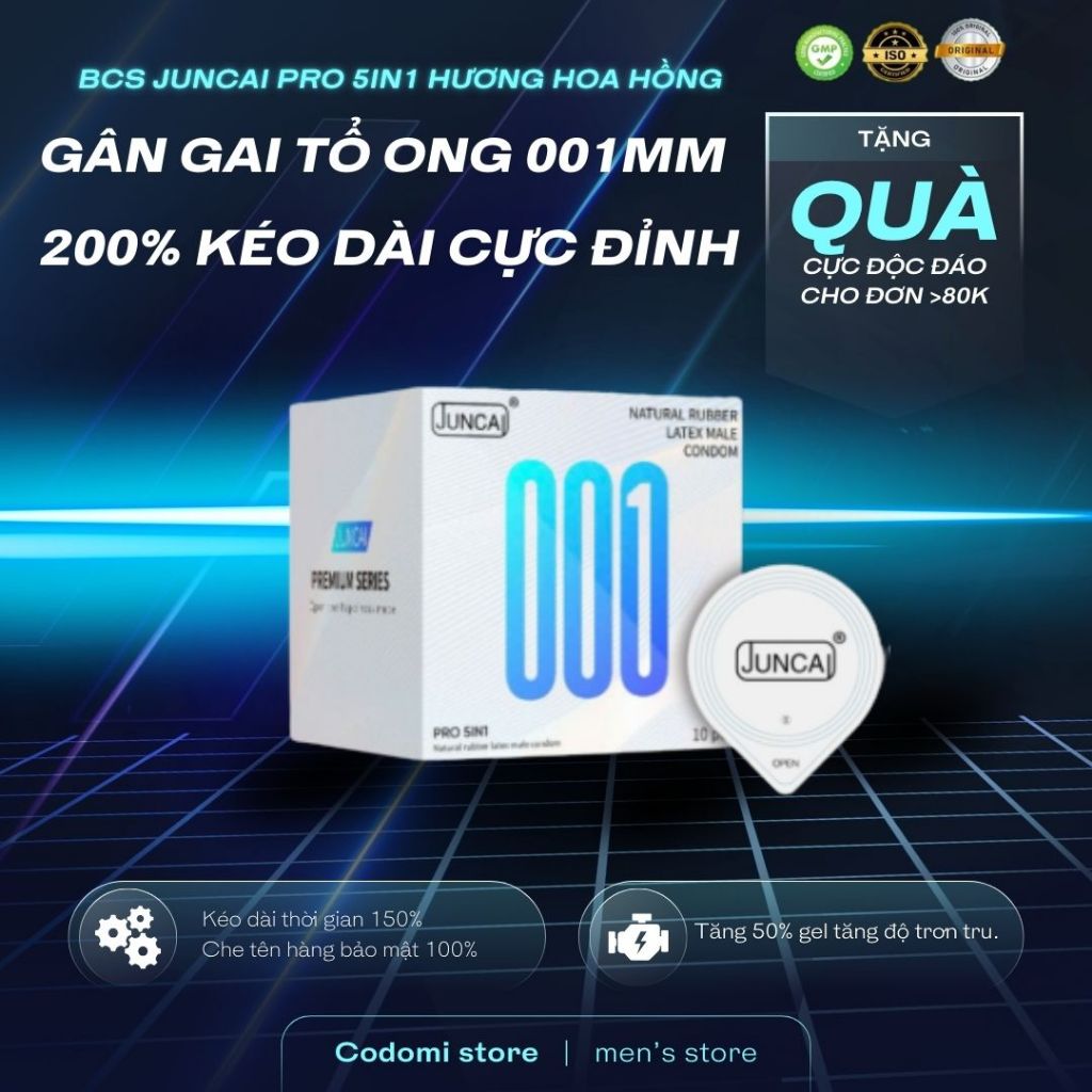 Bao cao su gai JUNCAI Pro 5in1, có gai lớn và gân tổ ong, siêu mỏng 001, bcs kéo dài quan hệ CODOMI