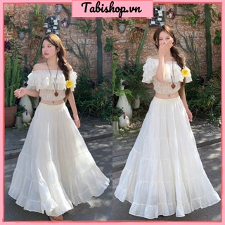 Set áo croptop trễ vai bèo phối chân váy dài xoè TABISHOP Set đồ nữ dễ thương mặc đi chơi đi biển sang chảnh(106)