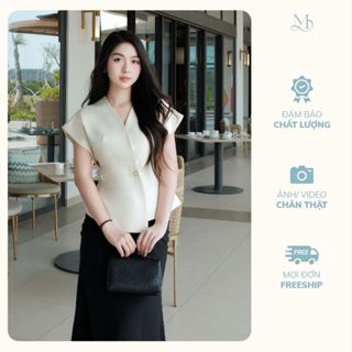 Áo nữ dáng peplum vạt lệch cổ V tay chờm vai nhiều màu đính cúc ngọc YAME AA182