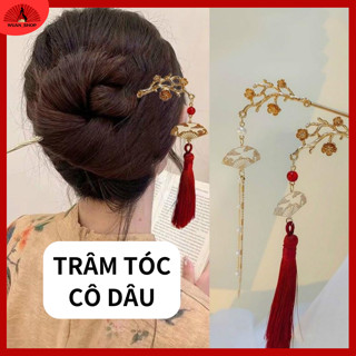  Trâm cài tóc cổ trang  trâm cài tóc cô dâu phối tua rua đỏ hình quạt phong cách Trung Hoa trâm tóc cô dâu phụ ktrang 