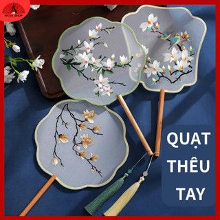  Quạt cổ trang thêu tay 2 mặt quạt cầm tay cổ trang bằng lụa thêu hình phong cách Trung hoa phụ kiện 