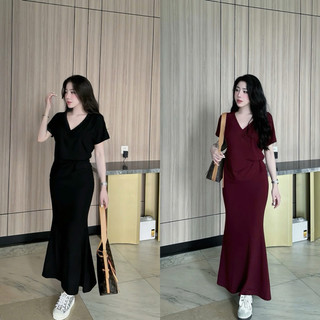Set áo cổ tim + chân váy đuôi cá dáng dài lưng chun [Form rộng L1]. Chất thun cotton mặc mát C/cấp. Mặc đi chơi, du lị