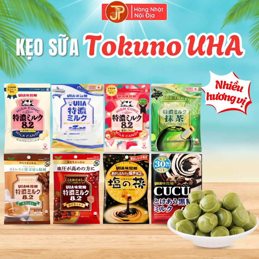 Kẹo sữa UHA trà xanh Nhật Bản cao cấp từ sữa tươi mix Trà xanh, Caramel, Đậu đỏ, Sữa muối, Cafe