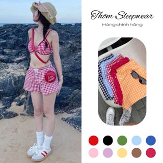  thomsleepwear Quần short nữ kẻ caro mùa hè quần đùi chất đũi cạp trễ đi biển đồ ngủ tí hon mặc nhà 