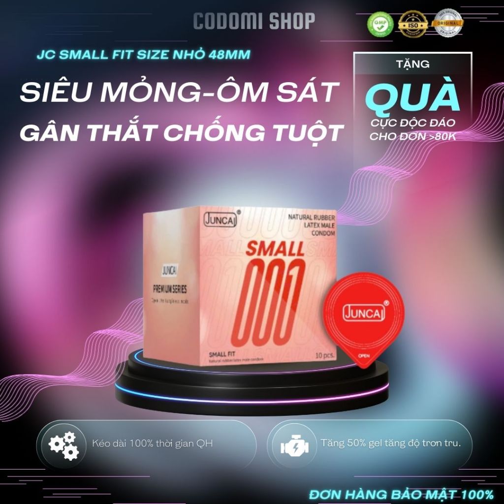 Bao cao su size nhỏ 48mm JUNCAI SMALL FIT siêu mỏng 001, nhiều gel, ôm sát chống tuột bao hộp 10 bcs