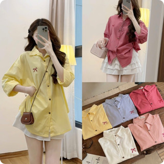 Áo Sơ Mi Dài Tay Nữ Thêu Hình Nơ Nhiều Màu Ullzang ZEMY, Sơ Mi Lụa Nữ Thêu Nơ Xinh Khoác Ngoài Dáng Hàn Quốc