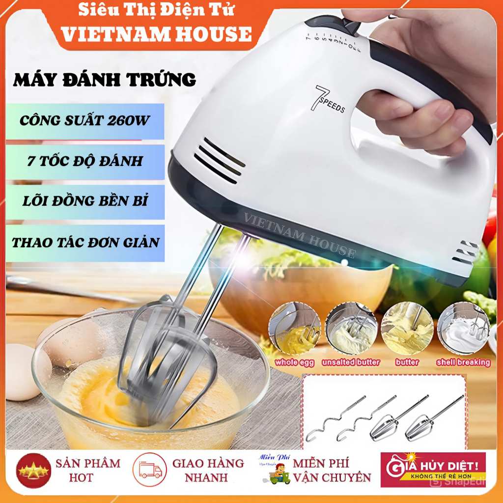 LOẠI MẠNH 260W || Máy Đánh Trứng Cầm Tay 7 Tốc Độ, Dụng Cụ Đánh Trứng Có 4 Đầu Thay Thế Siêu Tiện