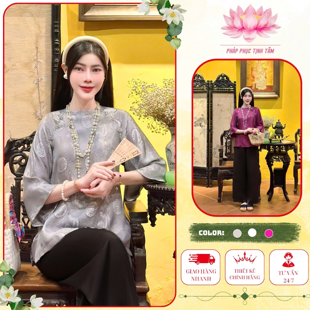 Bộ Đi Lễ Chùa, Pháp Phục Nữ Lụa Cổ Tròn Đính Đá Gấm Phượng Đằng Cao Cấp Sang Trọng Thanh Lịch- Tịnh Tâm 19