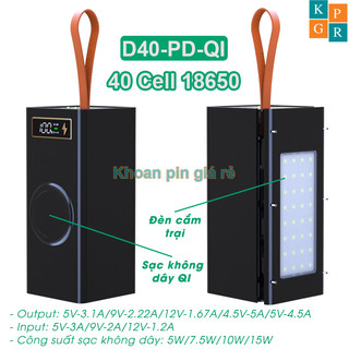  Vỏ box sạc dự phòng 40 cell 18650  D40-PD-QI  sạc nhanh 22.5W - Sạc không dây 15W có lò xo  Không có pin  