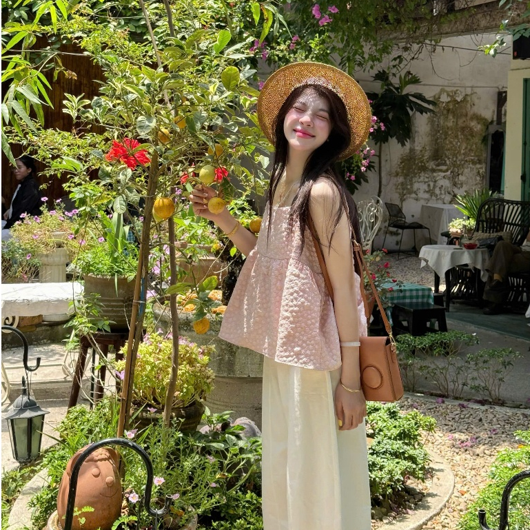 (TẶNG KÈM QUÂY DÂY) Set áo babydoll gấm xốp hoa xoè kèm áo dây PEACHY TOP | BigBuy360 - bigbuy360.vn